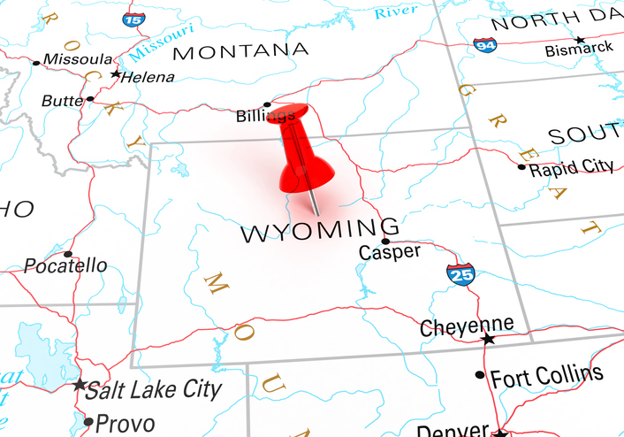 Map with thumbtack showing Wyoming