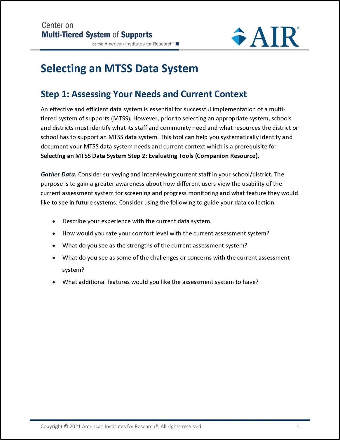 page 1 of selecting an MTSS data system